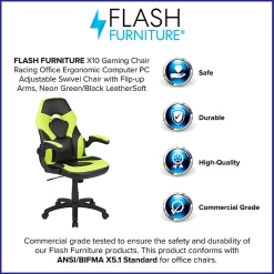 Flash Furniture X10 Ergonomic LeatherSoft™ Faux Leather High-Back Racing Gaming Chair With Flip-Up Arms, Neon Green/Black