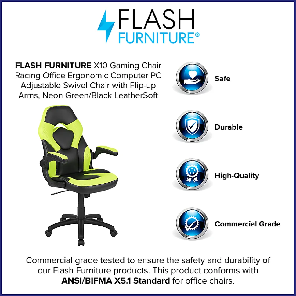 Flash Furniture X10 Ergonomic LeatherSoft™ Faux Leather High-Back Racing Gaming Chair With Flip-Up Arms, Neon Green/Black
