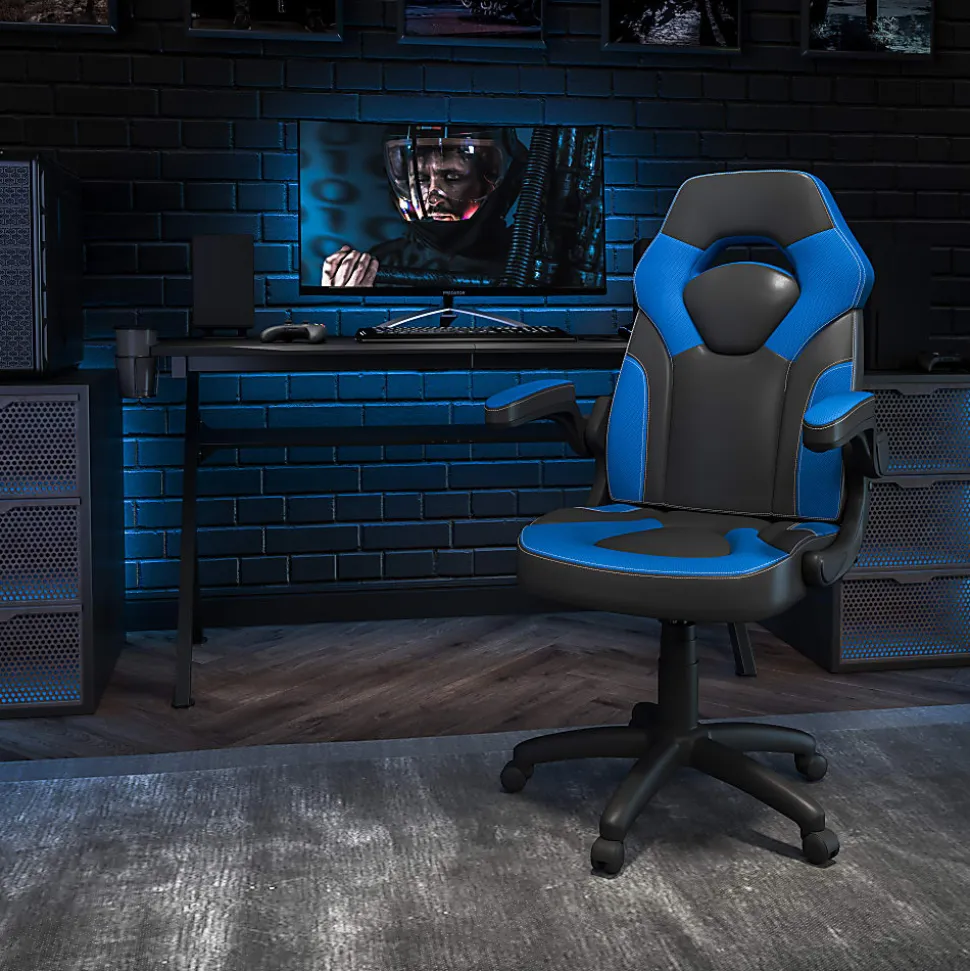 Flash Furniture X10 Ergonomic LeatherSoft™ Faux Leather High-Back Racing Gaming Chair With Flip-Up Arms, Blue/Black