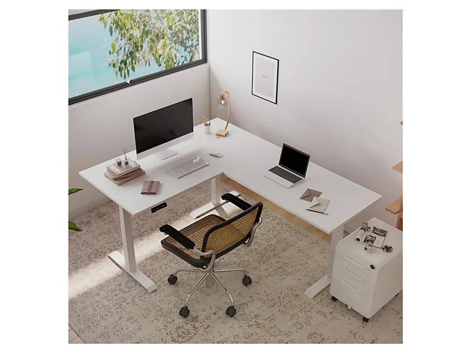 FlexiSpot E7L 76"W L-Shaped Electric Height-Adjustable Standing Desk, White