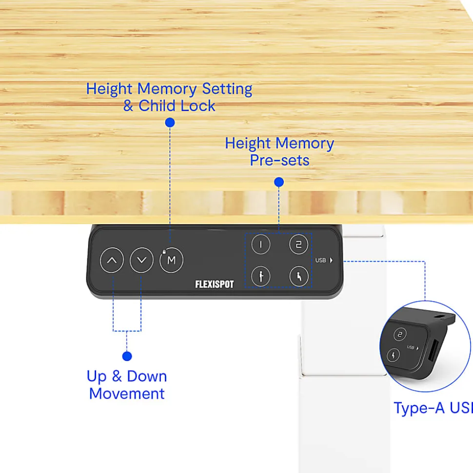 FlexiSpot E7 Pro Electric 55”W Adjustable Height Standing Desk, White/Bamboo