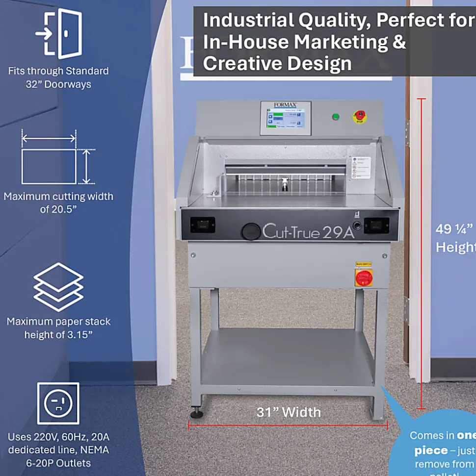 Formax Cut-True 29A Automatic Electric Guillotine Paper Cutter With LED Laser Line, 20-1/2", Gray