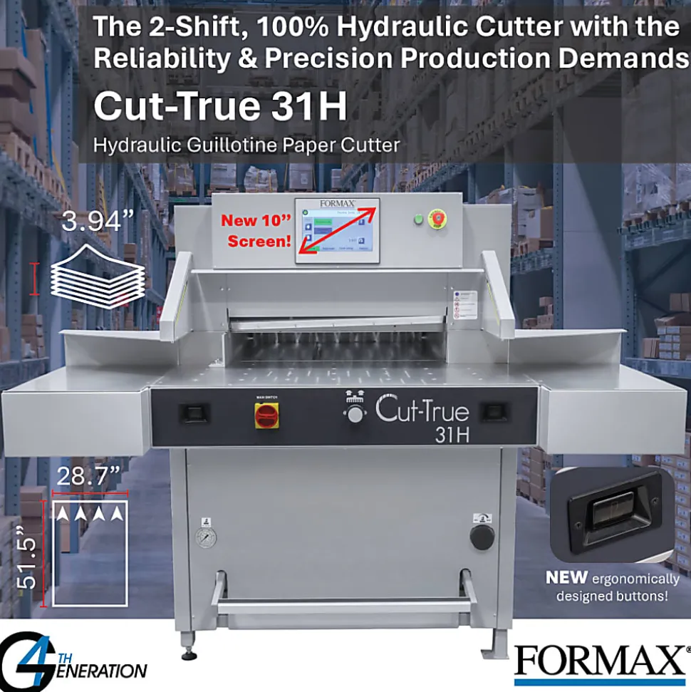 Formax Cut-True 31H Hydraulic Automatic Guillotine Paper Cutter With LED Laser Line, 28-3/4", Gray