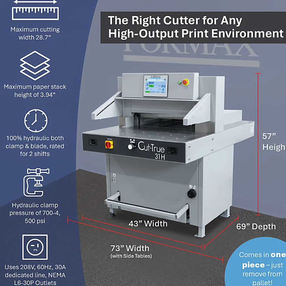 Formax Cut-True 31H Hydraulic Automatic Guillotine Paper Cutter With LED Laser Line, 28-3/4", Gray