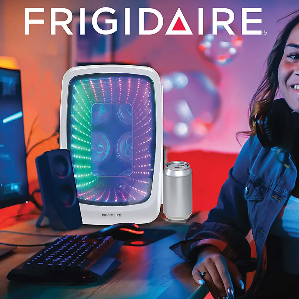Frigidaire 0.14 Cu. Ft. 6-Can Retro Gaming Light-Up Portable Beverage Mini Fridge, White