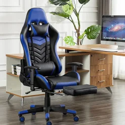 GameFitz Ergonomic Faux Leather Gaming Chair, Black/Blue