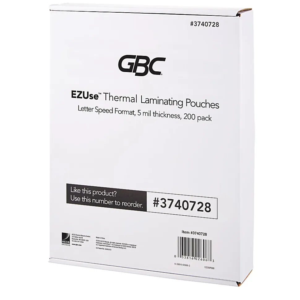 GBC® EZUse™ Thermal Laminating Speed Pouches, 5 mils, 8 1/2" x 11", Clear, Pack Of 200, 3740728