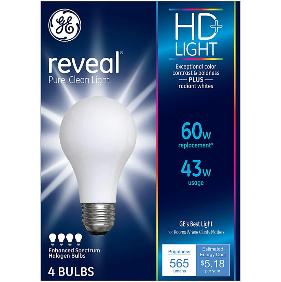 GE Lighting Halogen Light Bulbs, A19, 43 Watts, Pack Of 4 Bulbs
