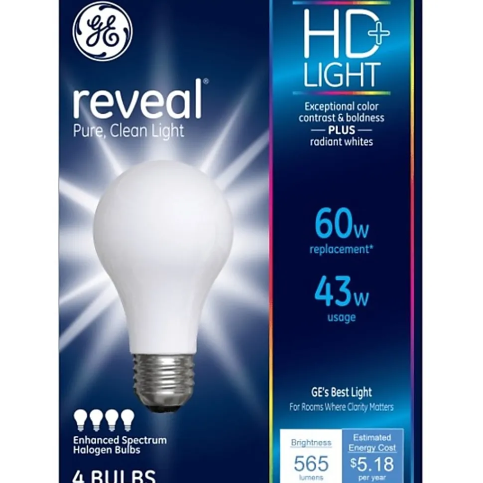 GE Lighting Halogen Light Bulbs, A19, 43 Watts, Pack Of 4 Bulbs