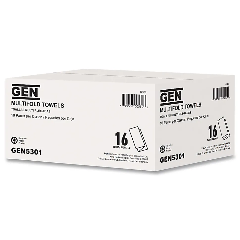 GEN Multifold Towels, 1-Ply, 9.25 x 9.05, White, 250/Pack, 16 Packs/Carton
