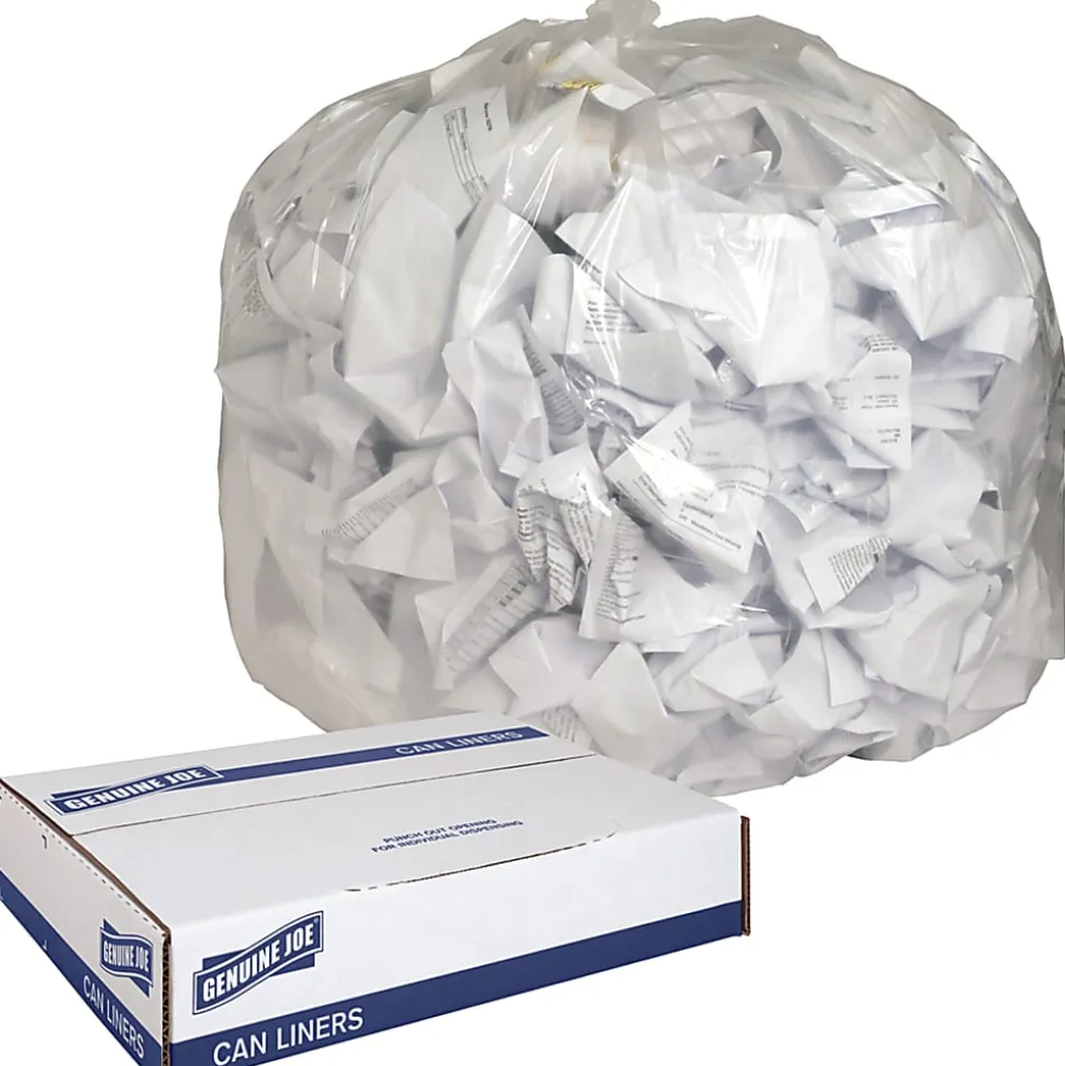Genuine Joe Clear Flat-Bottom Trash Can Liners, 0.8 mil, 56 Gallons, Box Of 100