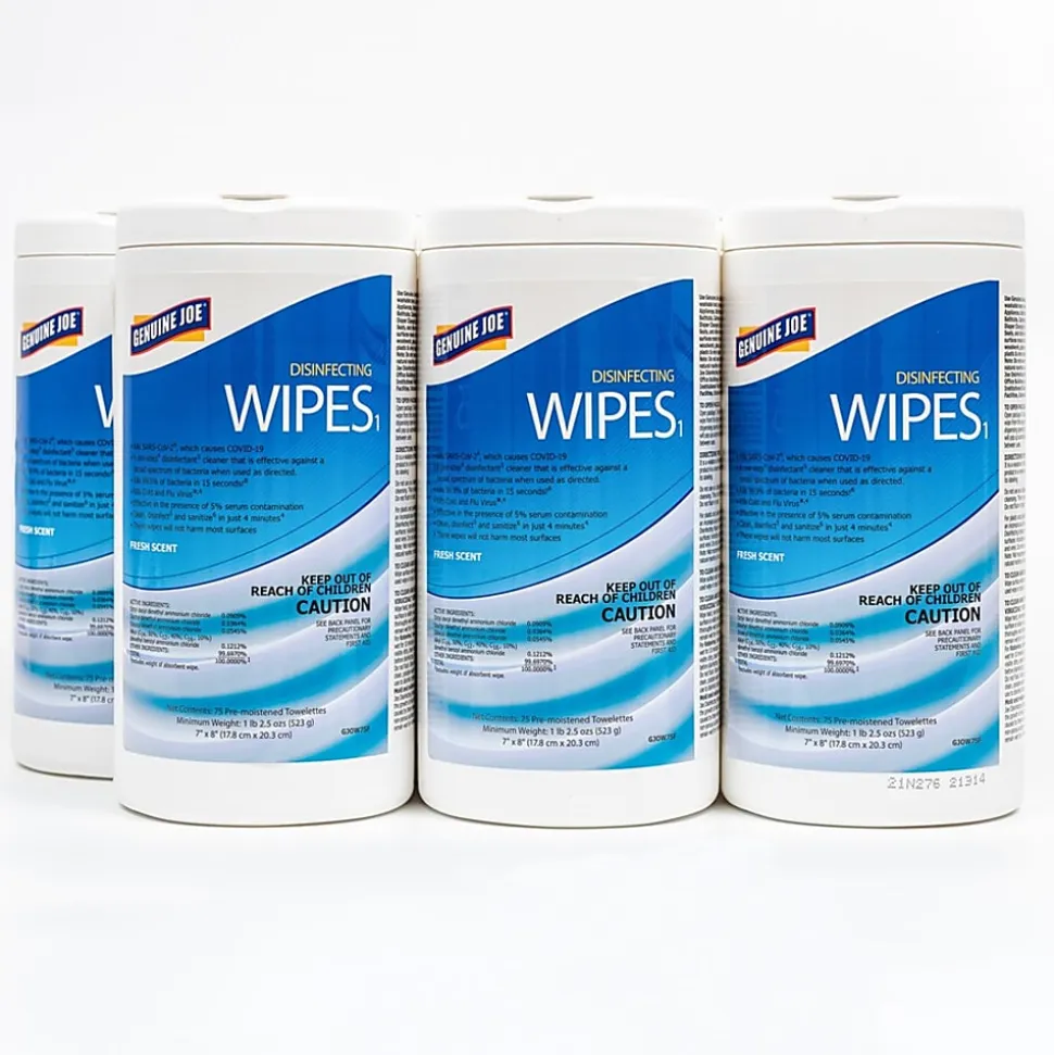 Genuine Joe Disinfecting Wipes - Ready-To-Use - Fresh Citrus Scent - 8" x 7"- Pre-moistened, Strong, Absorbent - White - 75Tub - 6 / Carton - W75F