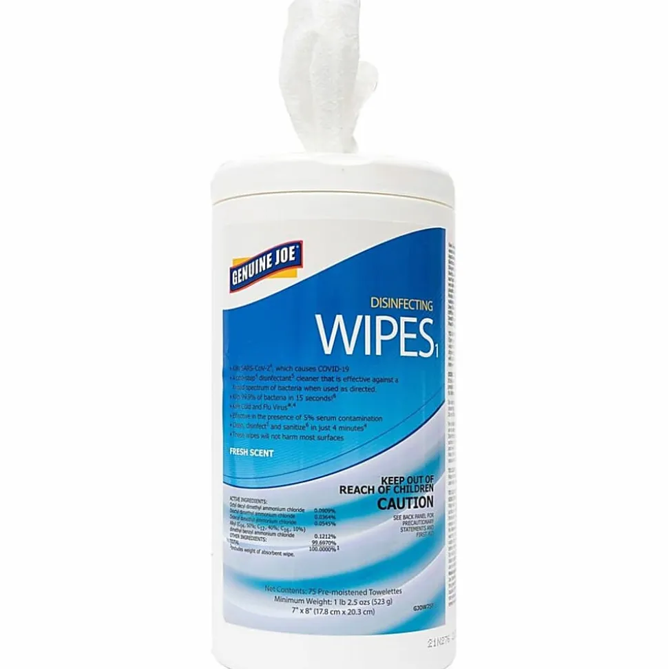 Genuine Joe Disinfecting Wipes - Ready-To-Use - Fresh Citrus Scent - 8" x 7"- Pre-moistened, Strong, Absorbent - White - 75Tub - 6 / Carton - W75F
