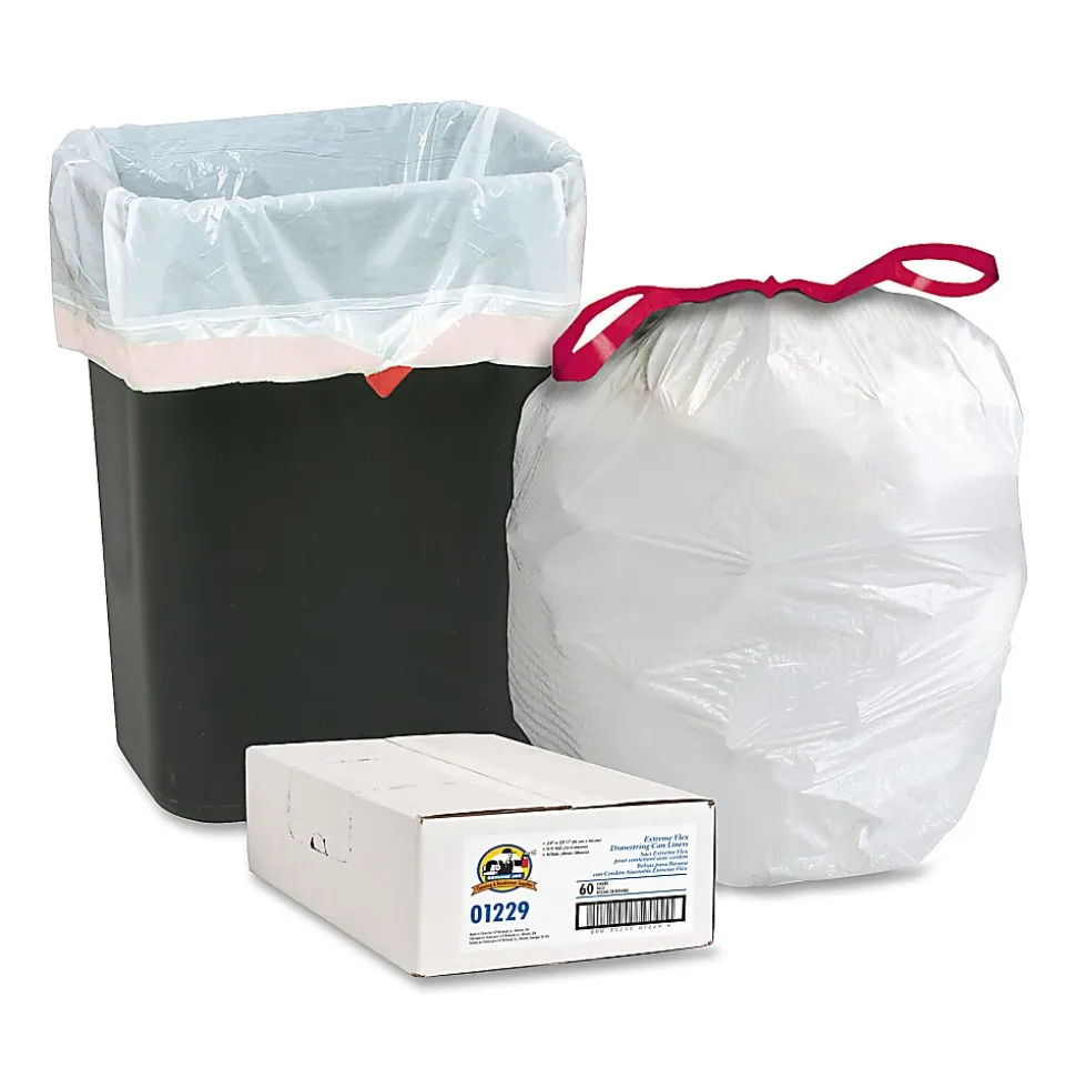 Genuine Joe Flex Drawstring Trash Liners, 0.9 mil, 16 Gallon, White, Box Of 60