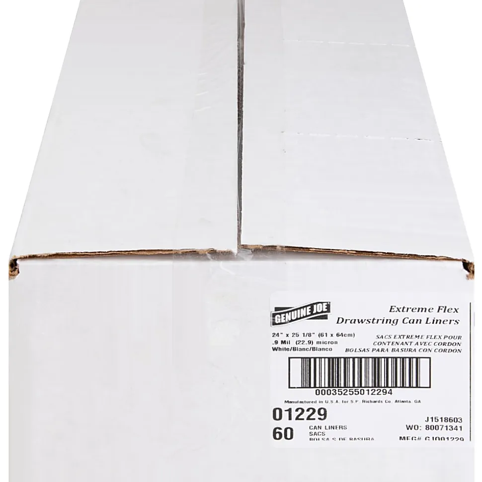 Genuine Joe Flex Drawstring Trash Liners, 0.9 mil, 16 Gallon, White, Box Of 60