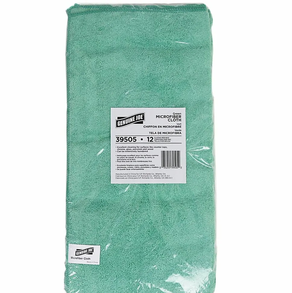 Genuine Joe General Purpose Microfiber Cloth - For Multipurpose - Cloth - 16" x 16"- Chemical Resistant, Oil-free, Lint-free - Green - 12 / Bag