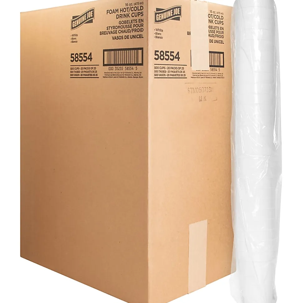 Genuine Joe Hot/Cold Foam Cups, 16 Oz, White, Carton Of 500 Cups