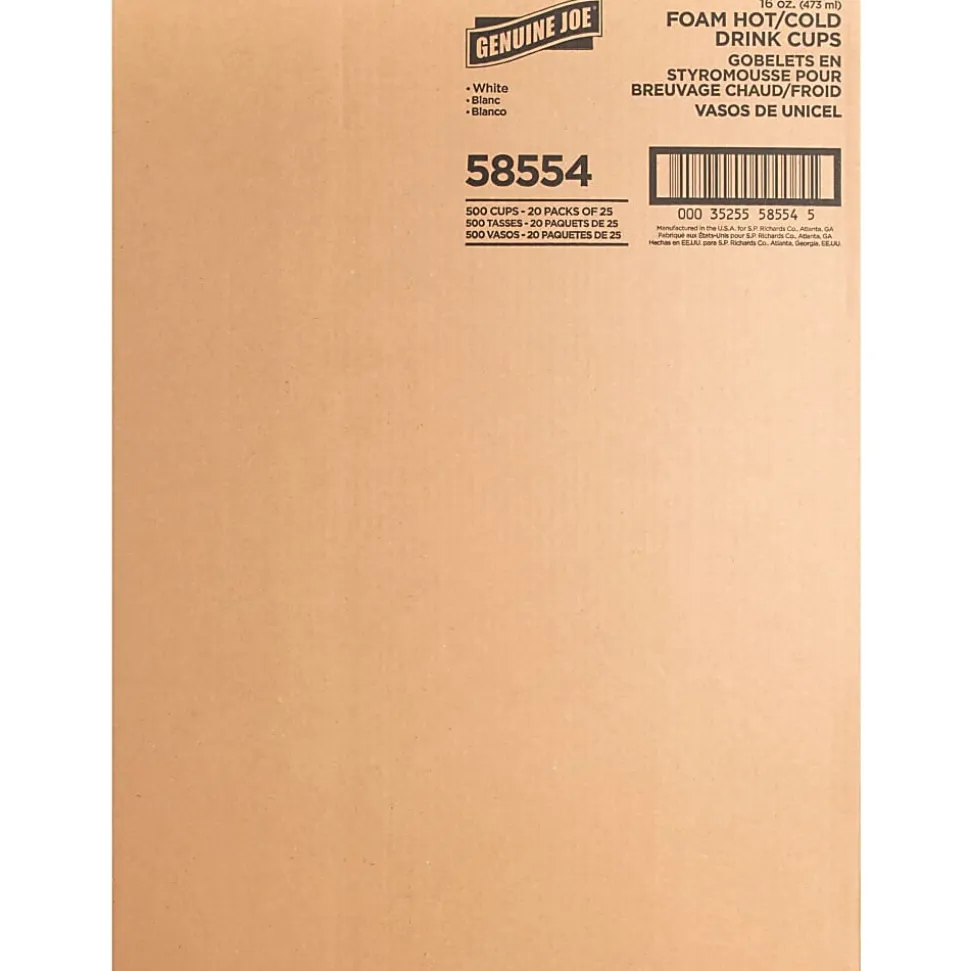 Genuine Joe Hot/Cold Foam Cups, 16 Oz, White, Carton Of 500 Cups