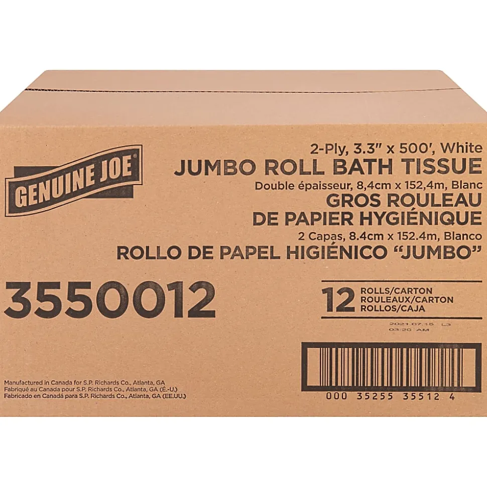 Genuine Joe Jumbo Jr Dispenser Bath Tissue Roll - 2 Ply - 3.30" Width x 500 ft Length - 8.88" Roll Diameter - White - Fiber - 12 / Carton