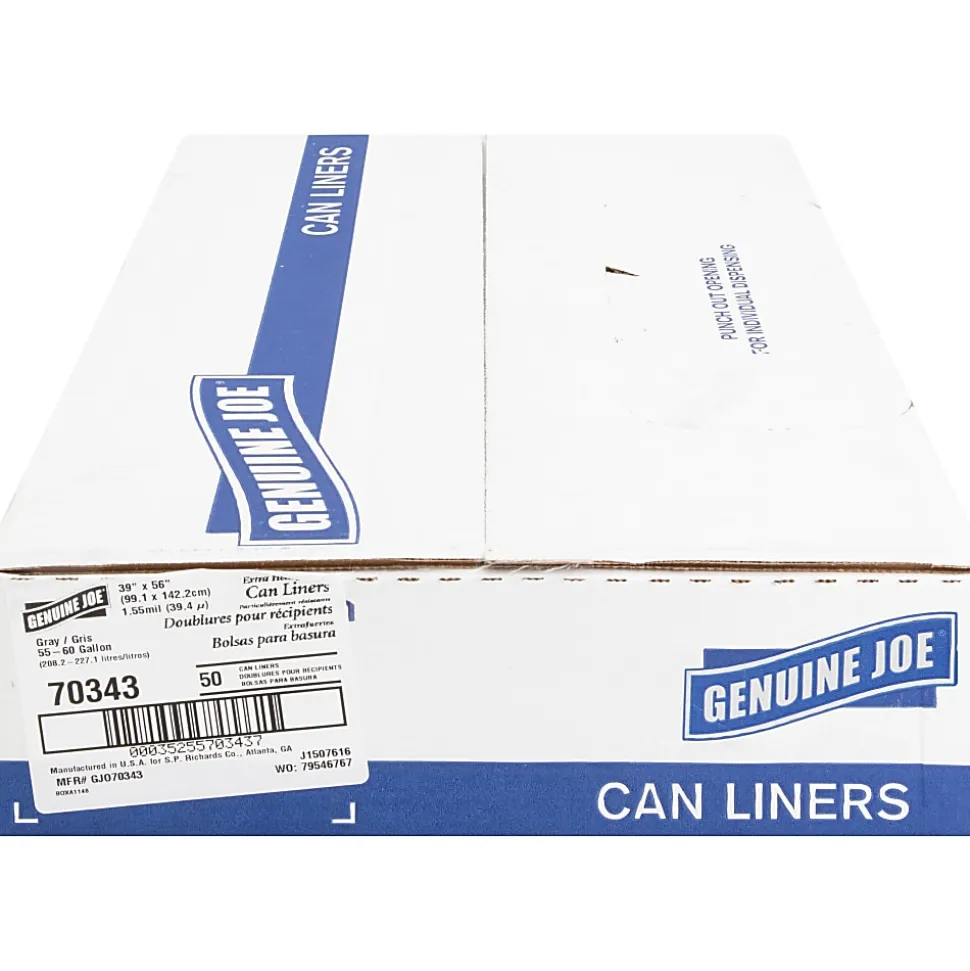 Genuine Joe Maximum Strength Trash Can Liners, 1.7mil, 55 Gallons, 39" x 56", Black, Box Of 50
