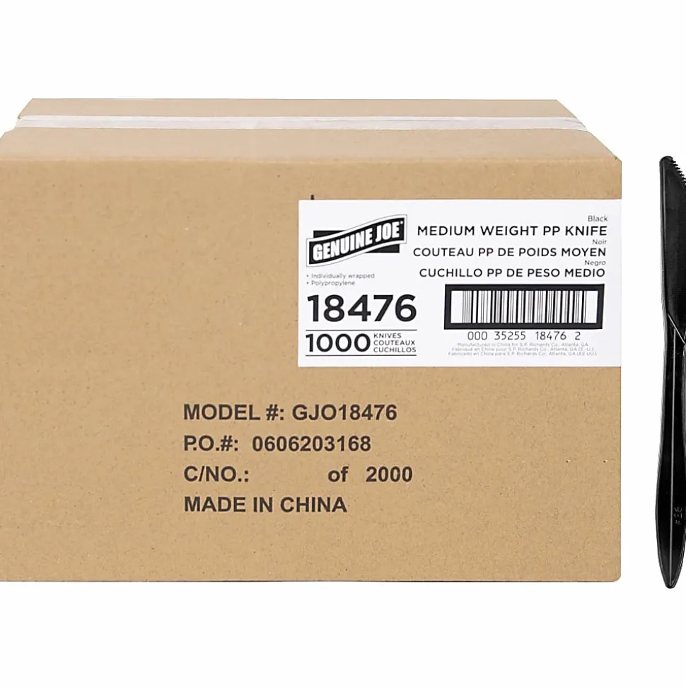 Genuine Joe Medium-weight Individually Wrapped Knives - Knife - Breakroom - Disposable - Black - 1000 / Carton