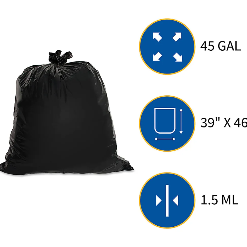 Genuine Joe 1.5 mil Trash Bags, 45 gal, 39"H x 46"W, Black, 50 Bags