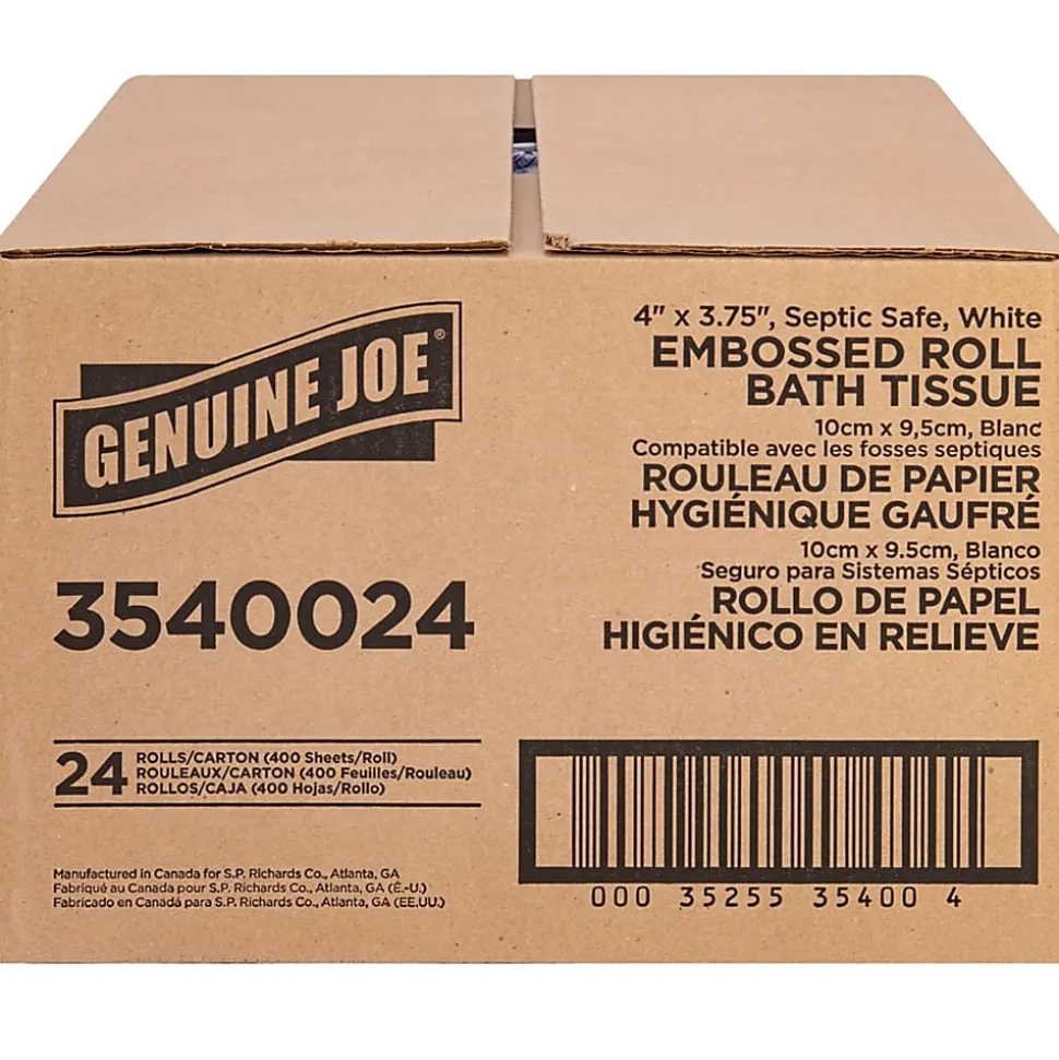 Genuine Joe 2-ply Bath Tissue Rolls - 2 Ply - 4" Width x 3.75" Length - 400 Sheets/Roll - Embossed - White - 24 / Carton