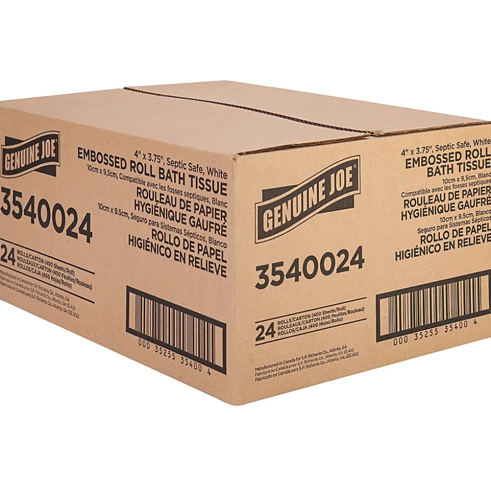 Genuine Joe 2-ply Bath Tissue Rolls - 2 Ply - 4" Width x 3.75" Length - 400 Sheets/Roll - Embossed - White - 24 / Carton