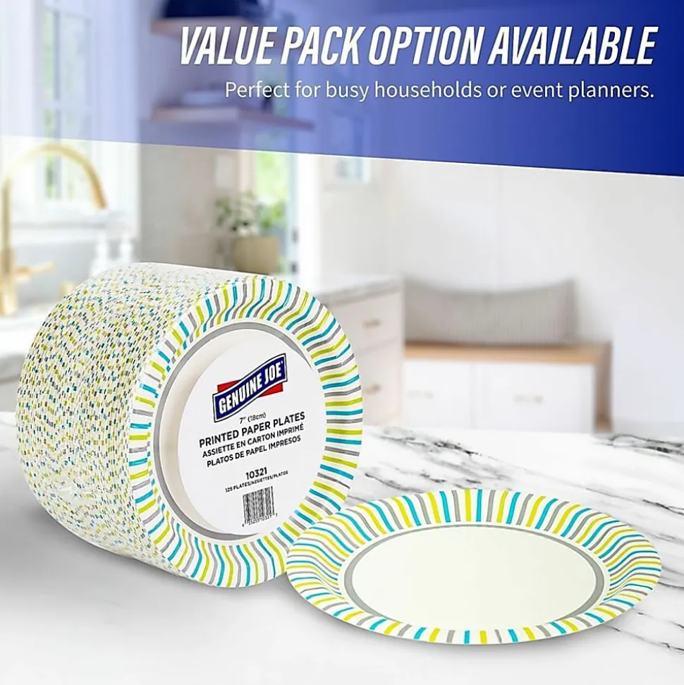 Genuine Joe 7" Printed Paper Plates - Disposable - 7" Diameter - Assorted - 125 / Pack