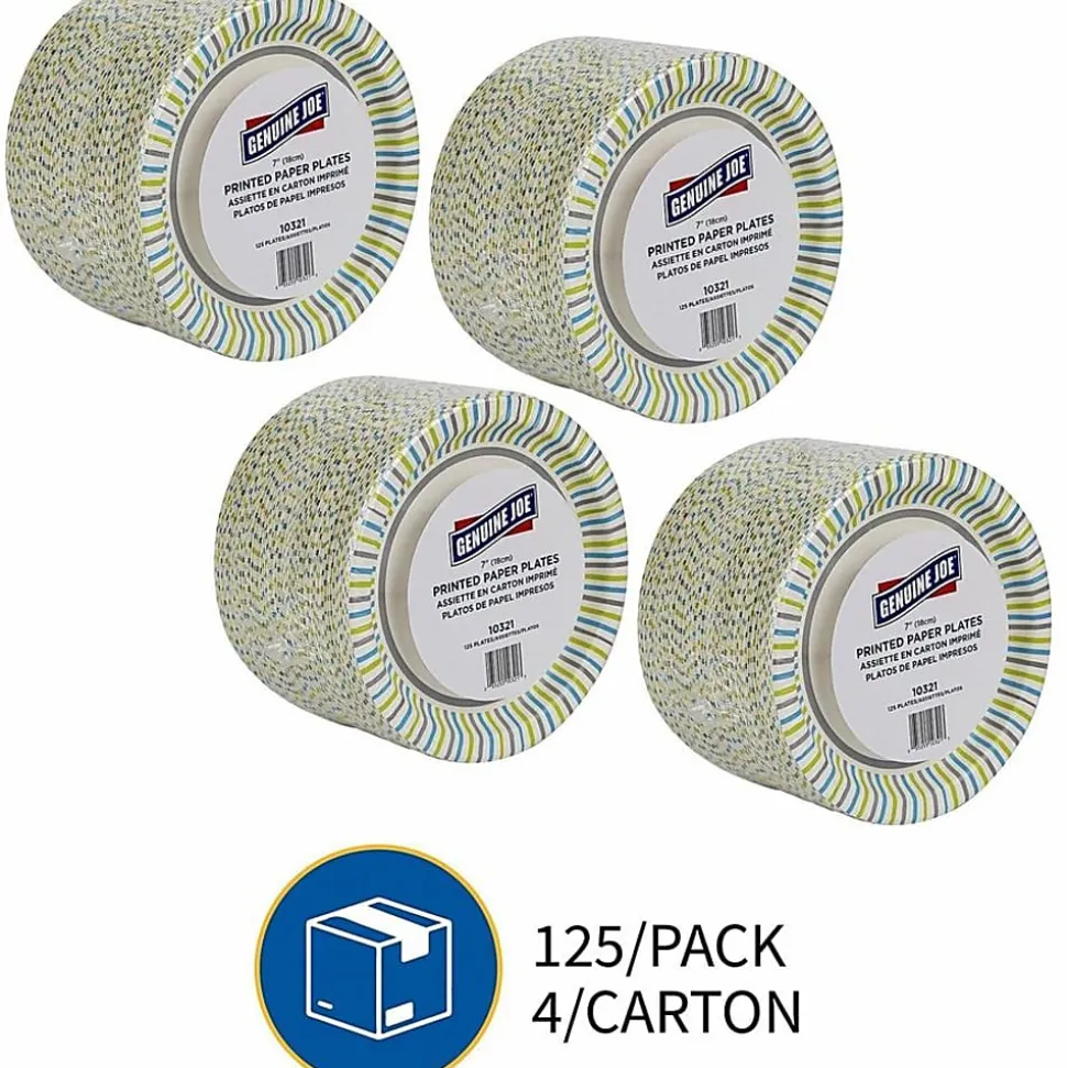 Genuine Joe 7" Printed Paper Plates - Disposable - 7" Diameter - Assorted - 125 / Pack