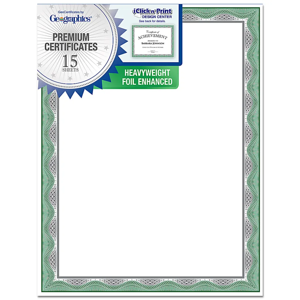 Geographics Heavyweight Foil Certificates, 8-1/2" x 11", Green With Silver Foil, Pack Of 15