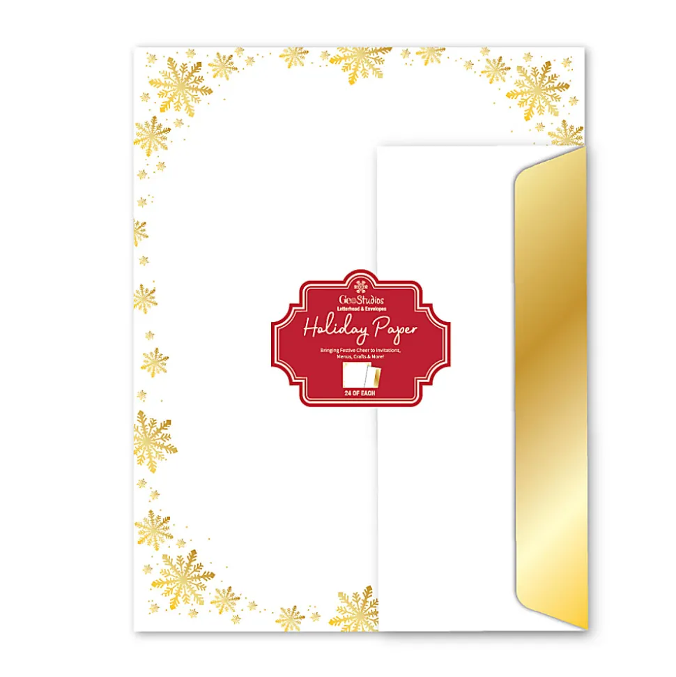 Geo Studios Premium Holiday Letterhead And Envelope Kit, 11" x 8-1/2", Gold Snowflake, Kit Of 48 Pieces