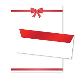 Geo Studios Premium Holiday Letterhead And Envelope Kit, 11" x 8-1/2", Red Bow, Kit Of 48 Pieces