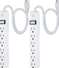GE 6 Outlet Power Strip 2 Pack, 1'6" Cord, White, 14833