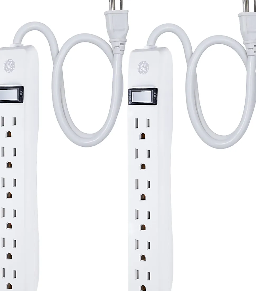 GE 6 Outlet Power Strip 2 Pack, 1'6" Cord, White, 14833