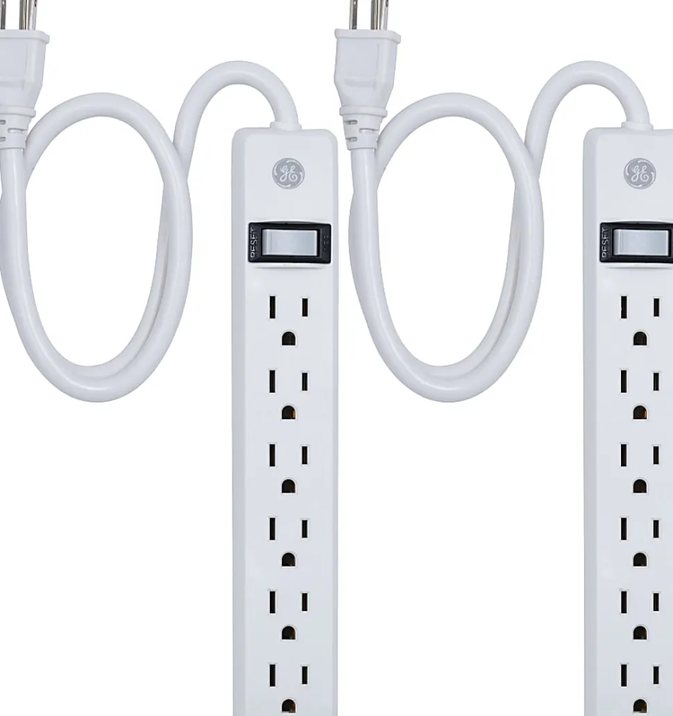 GE 6 Outlet Power Strip 2 Pack, 1'6" Cord, White, 14833