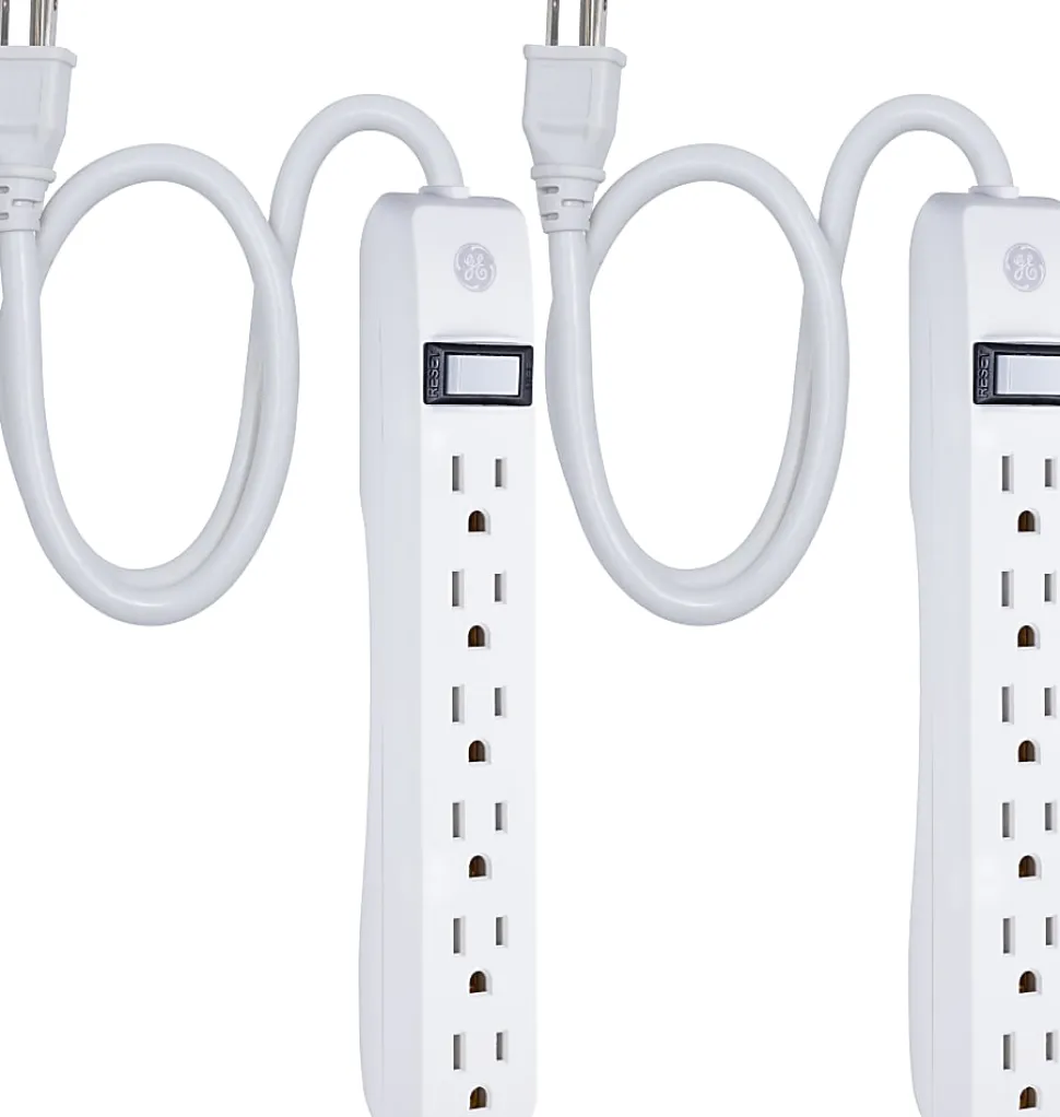 GE 6 Outlet Power Strip 2 Pack, 1'6" Cord, White, 14833