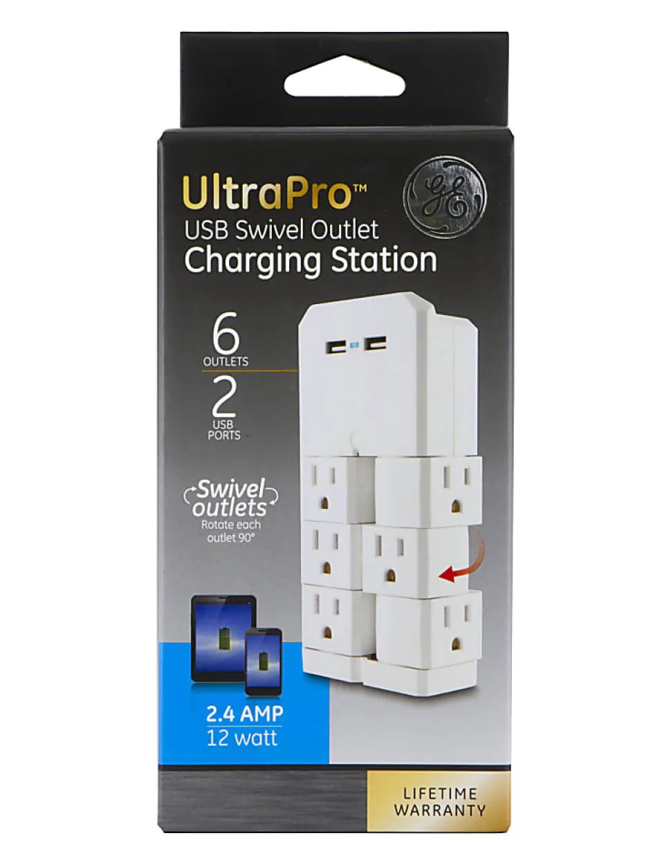 GE Ultra Pro 6-Outlet 2-USB Wall Tap, 37064