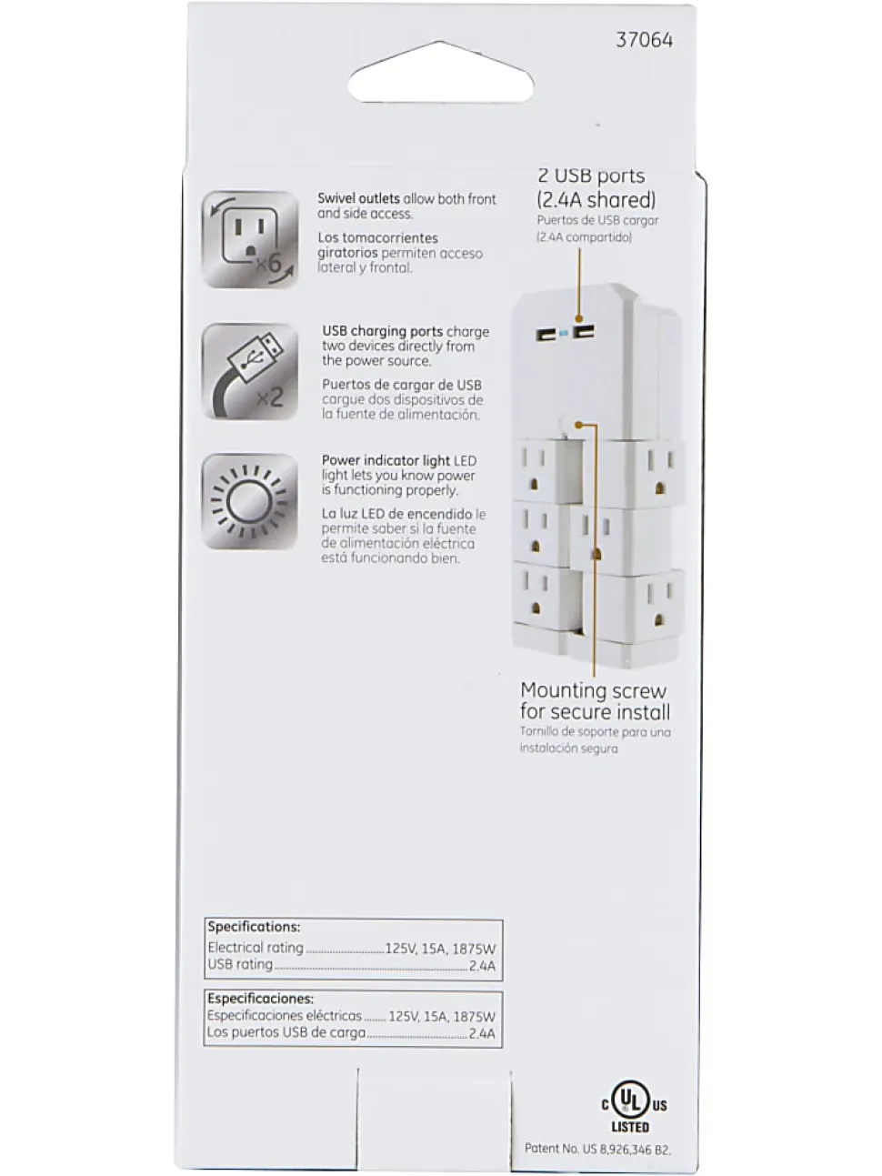 GE Ultra Pro 6-Outlet 2-USB Wall Tap, 37064