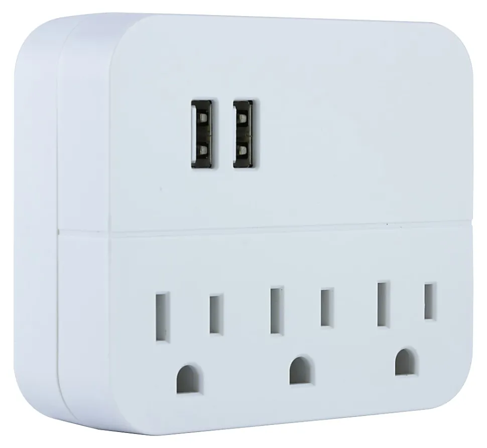 GE USB Wall Charger With 3 Outlets, White, 32193