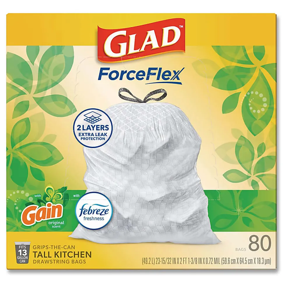 Glad ForceFlex Kitchen Drawstring Trash Bags, 13 gal, Gain Original Scent, 24" x 27.38", White, 80 Bags/Box, 3 Boxes/Carton