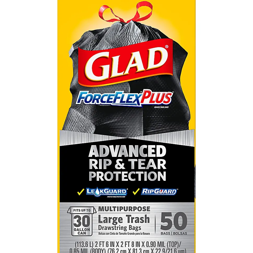 Glad ForceFlexPlus Drawstring Large Trash Bags, Large Size, 30 gal, 0.90 mil (23 Micron) Thickness, 50 Count - 78997
