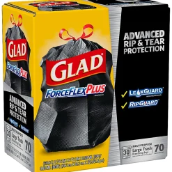 Glad® ForceFlexPlus⢠Large Drawstring Trash Bags, 1.05 mil, 30 Gallon, Black, Box Of 70 Bags