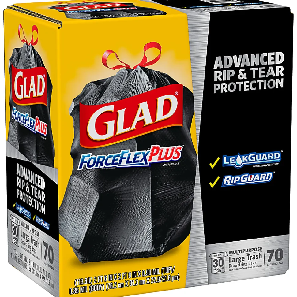 Glad® ForceFlexPlus™ Large Drawstring Trash Bags, 1.05 mil, 30 Gallon, Black, Box Of 70 Bags
