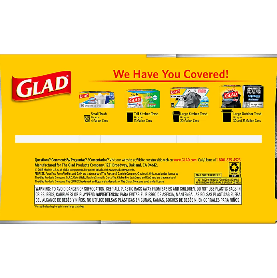Glad® ForceFlexPlus™ Large Drawstring Trash Bags, 1.05 mil, 30 Gallon, Black, Box Of 70 Bags
