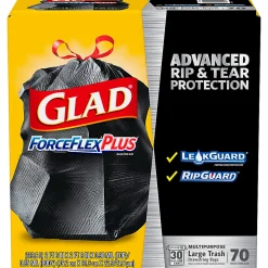 Glad® ForceFlexPlus™ Large Drawstring Trash Bags, 1.05 mil, 30 Gallon, Black, Box Of 70 Bags