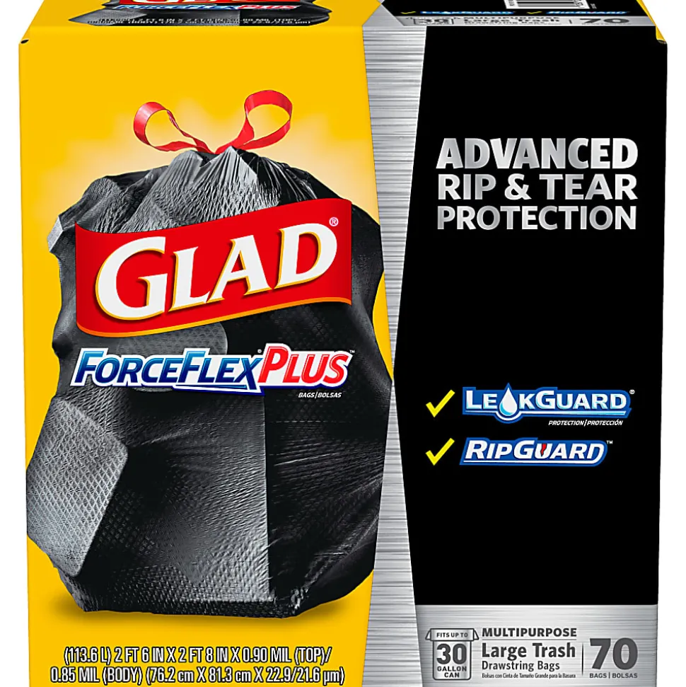 Glad® ForceFlexPlus™ Large Drawstring Trash Bags, 1.05 mil, 30 Gallon, Black, Box Of 70 Bags