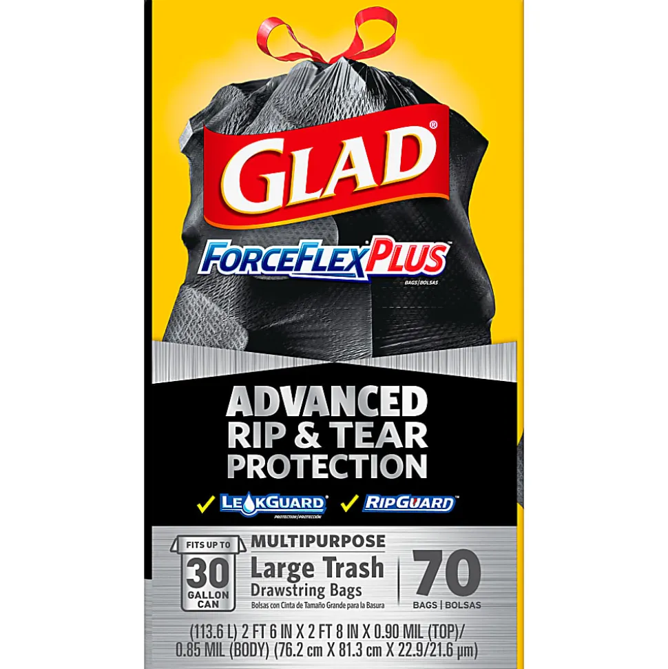 Glad® ForceFlexPlus™ Large Drawstring Trash Bags, 1.05 mil, 30 Gallon, Black, Box Of 70 Bags