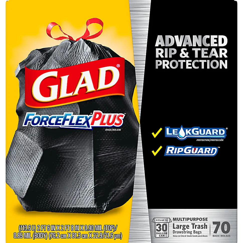 Glad® ForceFlexPlus™ Large Drawstring Trash Bags, 1.05 mil, 30 Gallon, Black, Box Of 70 Bags