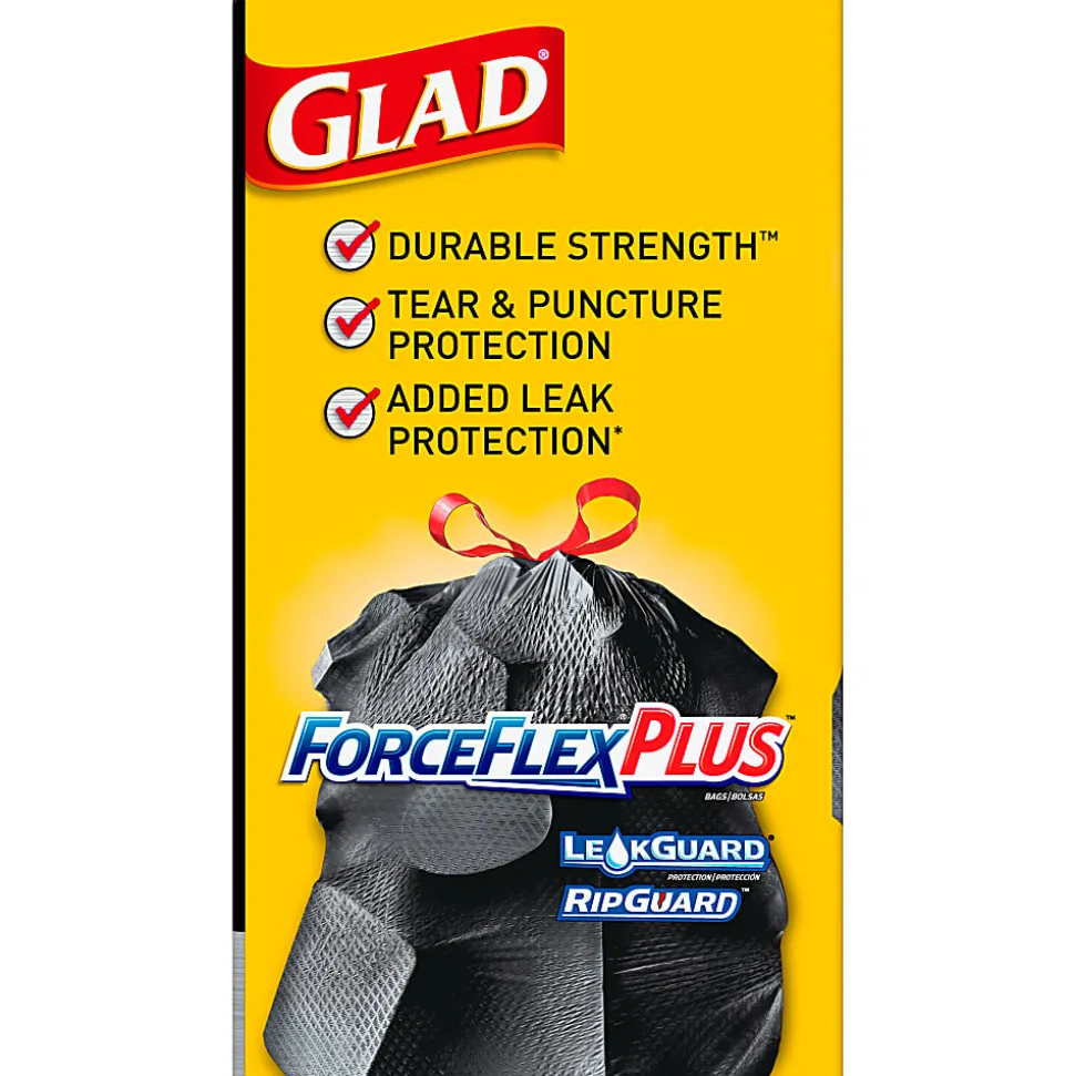 Glad® ForceFlexPlus™ Large Drawstring Trash Bags, 1.05 mil, 30 Gallon, Black, Box Of 70 Bags